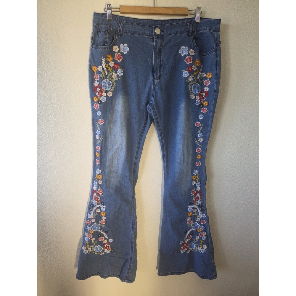N.Y.K Women XXL Floral Embroidered Blue Jeans Boho Denim Pants Flared Hippie